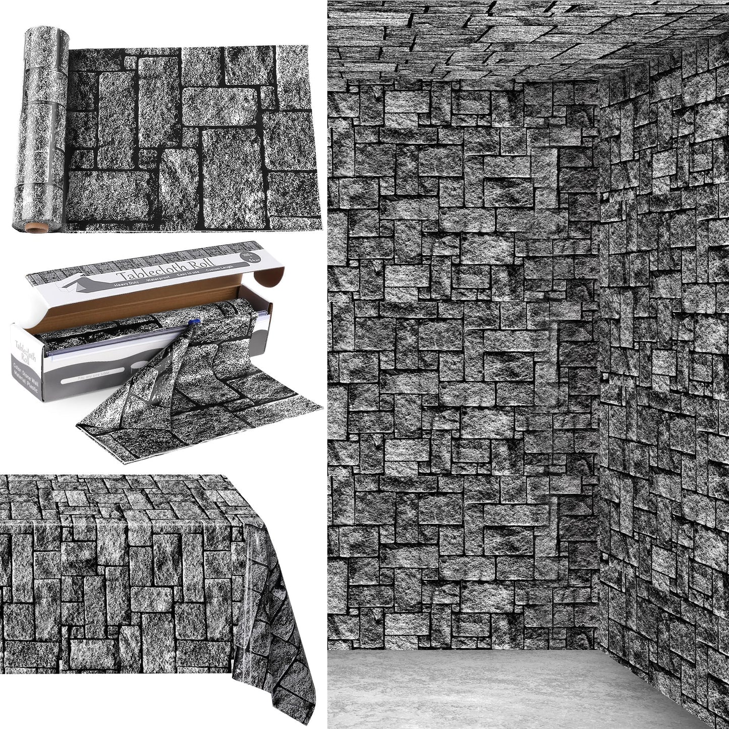 Kochorie 100 Ft x 54 Inch Stone Wall Tablecloth Roll with Cutter Box Disposable Plastic Table Cover Medieval Brick Dirt Floor Wall Backdrops for Farm Wedding Birthday Party