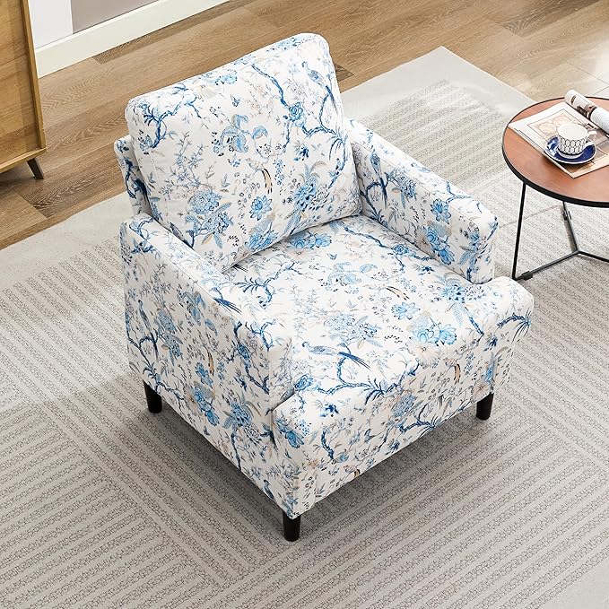 Weture Mid-Century Accent Chair,Modern Linen Fabric Armchair for Living Room,Comfy Upholstered Reading Accent Chairs for Bedroom,Single Sofa Chair with Wood Legs (Blue Flowered Bird, 1 Pack)