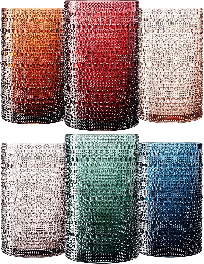Khen Plastic Hobnail Drinking Highball Glasses Set of 6 Neutral Tones Cups 14oz, Shatterproof & Unbreakable Acrylic Beaded...