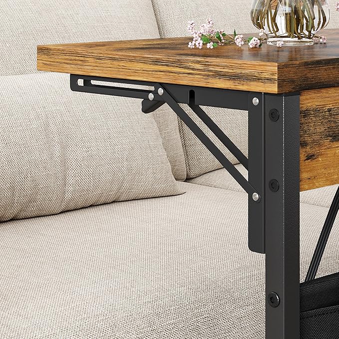 YAUKTAK Foldable C-Shaped Table with Charging Station, Folding TV Tray End Table for Small Space, Portable Side Table for Couch, C Table with Storage Bag for Sofa Living Room, Bedroom Rustic Brown