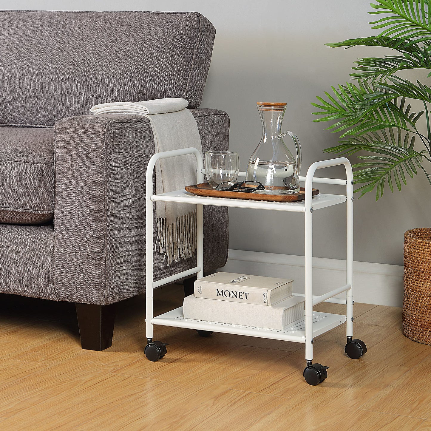 SunnyPoint 2-Tier Metal Rolling Utility Cart – Mobile Storage Shelf with Caster Wheels – Small Space Organizer for Home, Office, Bedroom, Kitchen (WHT)