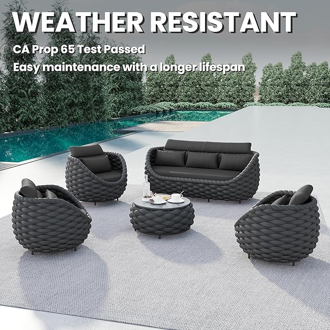 Erotr Aluminum Outdoor Seating Set: 5-Piece Woven Rope Patio Conversation Set of 6 - Metal Sofa Set Assembled Cushioned - Modern Couch Porch Furniture for Deck Lanai Balcony Yard Pool Hotel, Dark Gray