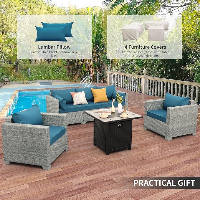 WAROOM Patio Furniture Set 4 Piece Wicker Conversation Sets PE Rattan Chair Outdoor Couch Sectional Sofa with 30" Fire Pit Table, Peacock Blue Cushion