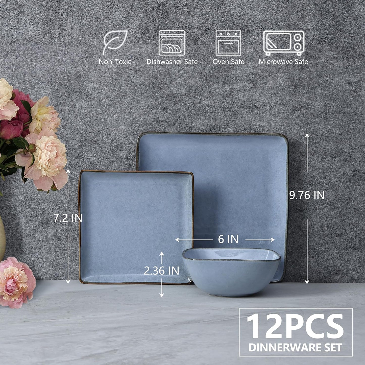 E-far Square Plates and Bowls Sets, 12-Piece Stoneware Dinnerware Sets for 4, Reactive Glaze Dish Set, Chip and Scratch Resistant, Microwave and Dishwasher Safe, Ocean Blue