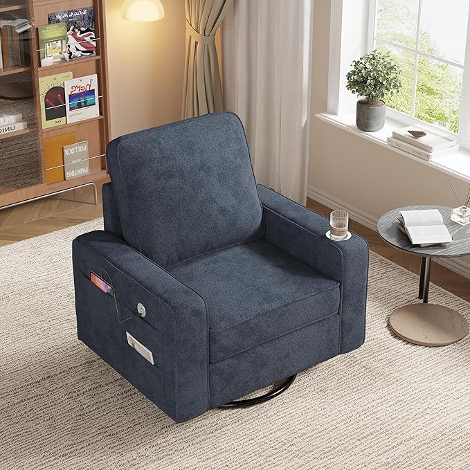 Swivel Square Accent Chair with Wide Armrests,360° Rotating Comfy Single Sofa Chairs with USB/Type-C,Cup Holder & Side Pocket,Modern Armchair for Living Room Bedroom Reading Lounge Nook,Blue | Swivel Accent Chair, with USB/Type-C, Cup Holder, Side Pocket