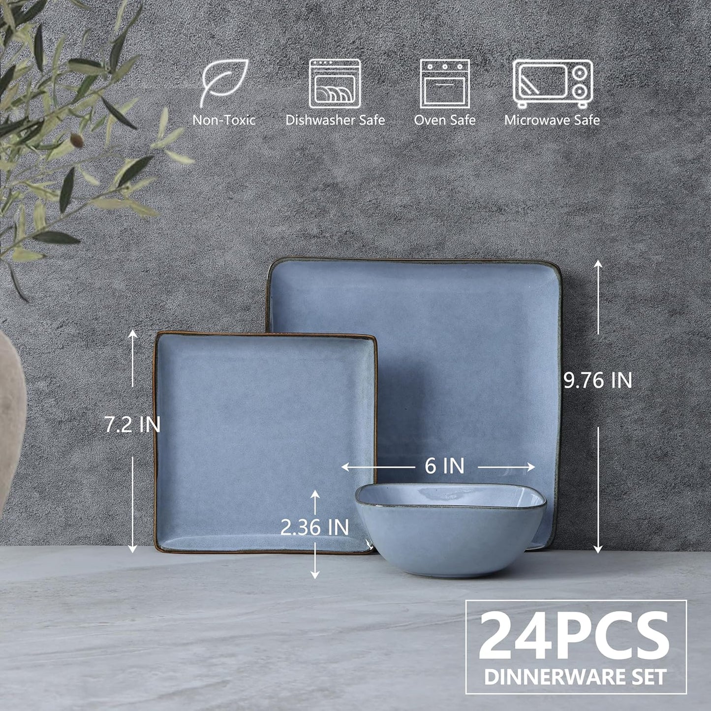 E-far Square Dinnerware Sets for 8, 24-Piece Stoneware Plates and Bowls Dishes Set, Reactive Glaze Porcelain Dishware Sets, Chip & Scratch Resistant, Microwave & Dishwasher Safe, Ocean Blue