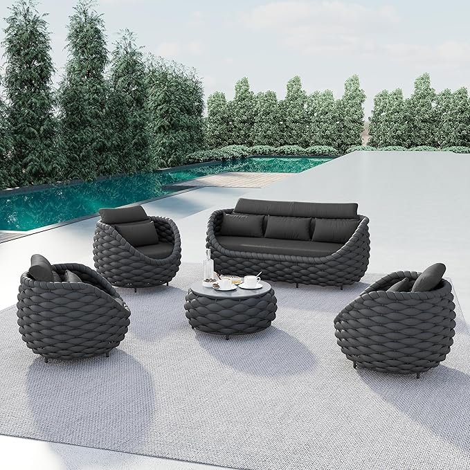 Erotr Aluminum Outdoor Seating Set: 5-Piece Woven Rope Patio Conversation Set of 6 - Metal Sofa Set Assembled Cushioned - Modern Couch Porch Furniture for Deck Lanai Balcony Yard Pool Hotel, Dark Gray