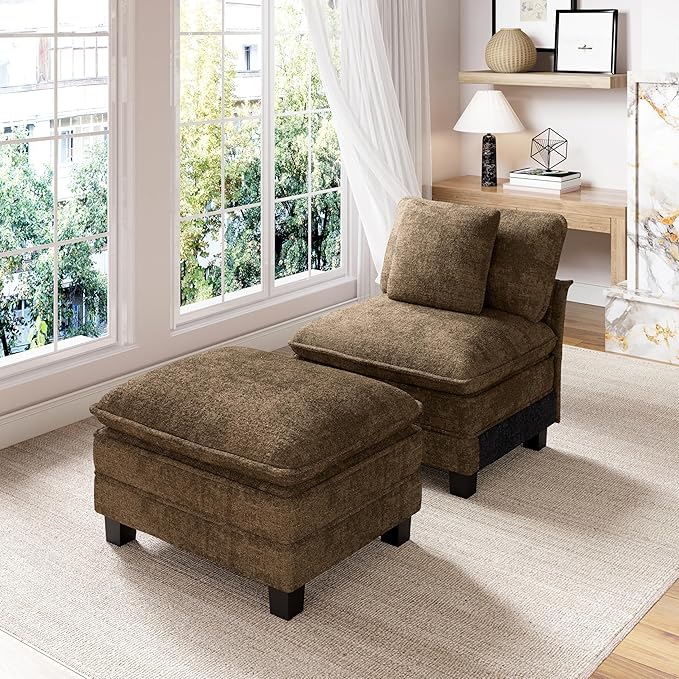 PHI VILLA Indoor Lounge Sofa Chair, One-Person Oversized Sectional Sofa with Ottoman, Single Chaise with Upholstered Deep Seat for Bedroom Reading, Chenille Fabric, Taupe