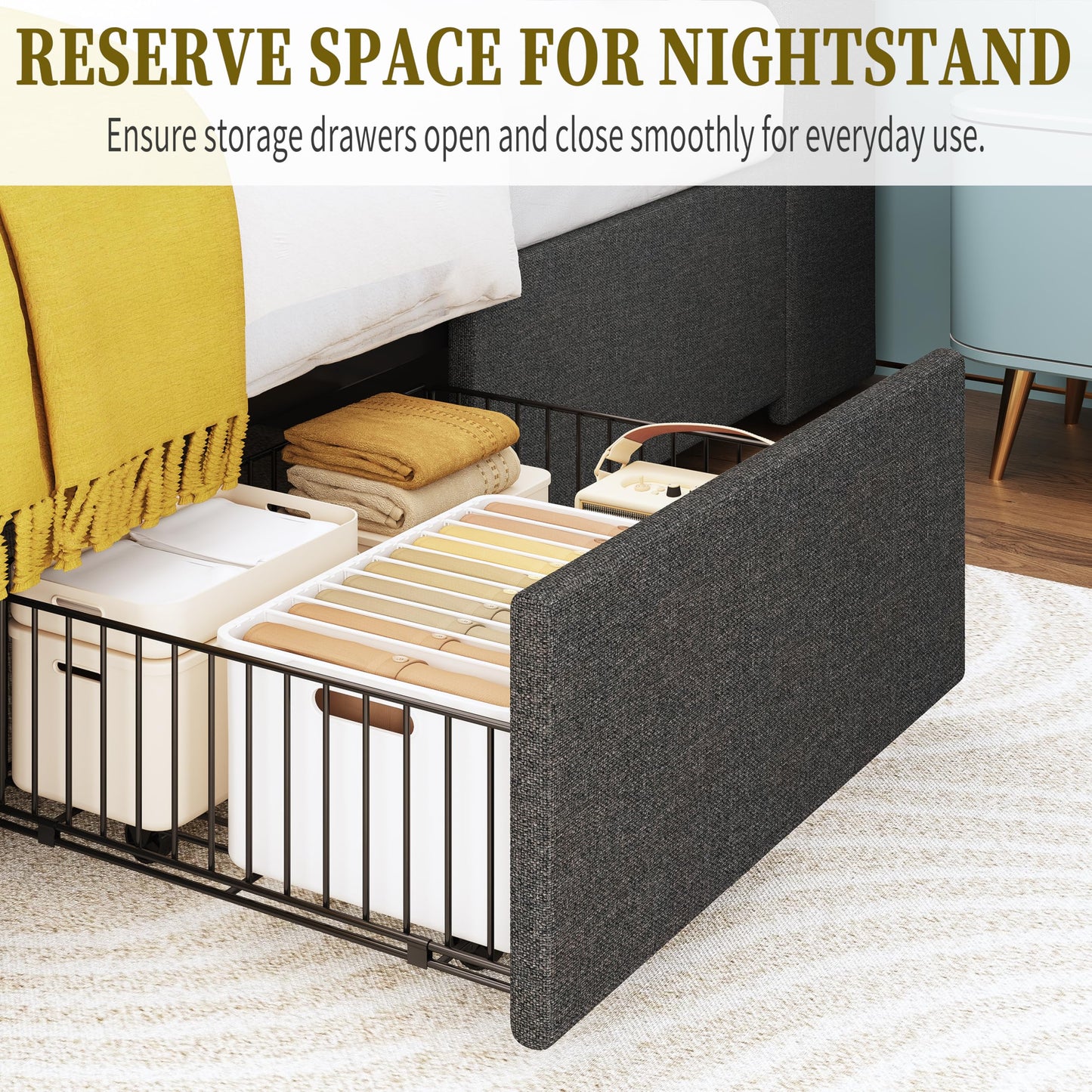 ChicZhiNest Queen Bed Frame with Storage Headboard & Charging Station, LED Light, 2 Storage Drawers & Cabinet, Upholstered Platform Bed with Sturdy Wooden Slats, Noise-Free, No Box Spring, Dark Grey