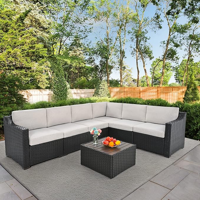 HAPPATIO 7 Piece Patio Conversation Set,Rattan Wicker Outdoor Sectional Sofa,All-Weather Patio Furniture Set,Multiple Combination Sofa. Patio sectional Set for Patio and Balcony.(Brown/Gray)