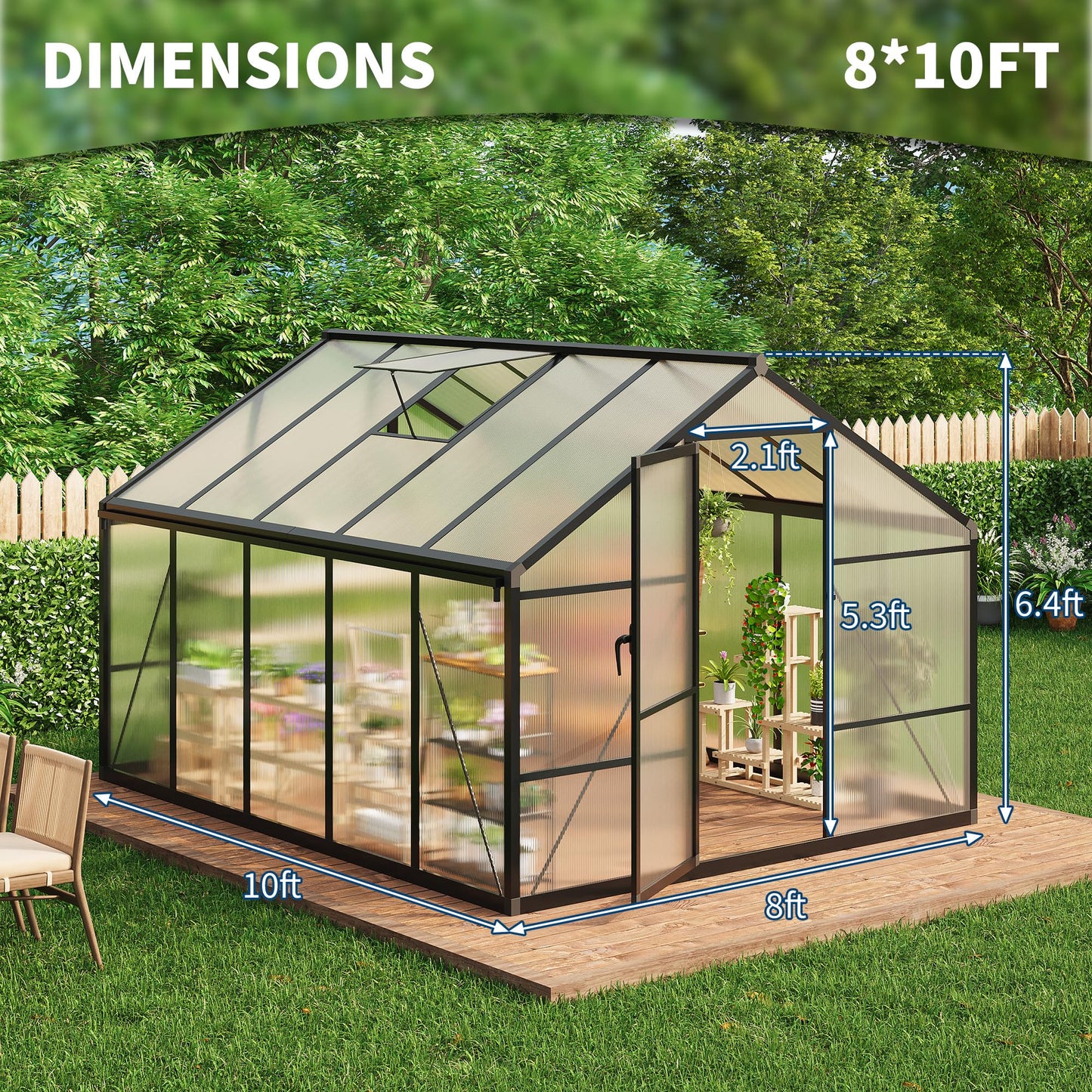 8X10FT Greenhouse, Aluminum Polycarbonate Outdoor Green House, Green Houses for Outside with Sliding Doors, Ajustable Roof Vent, Withstands Bad Weather for Garden, or Backyard, Black