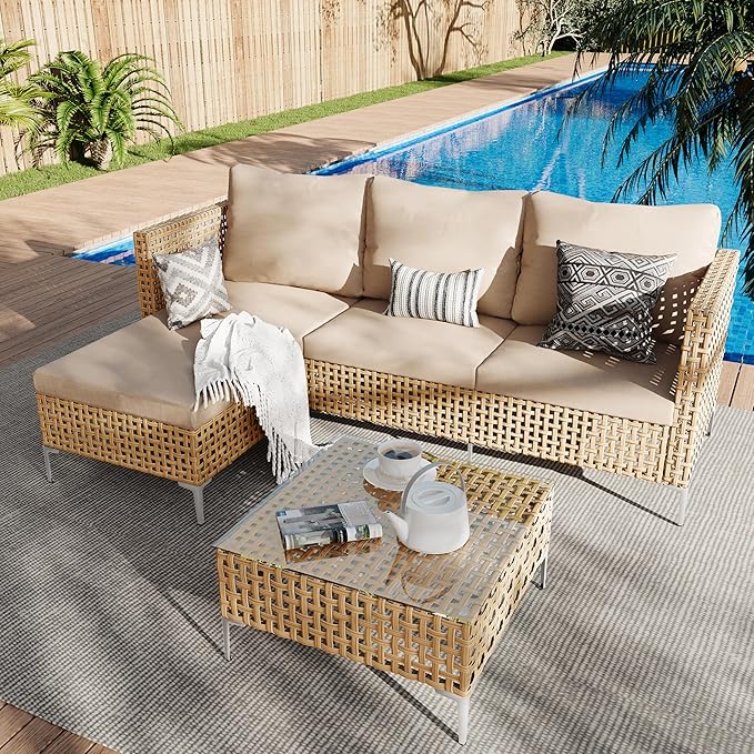 Ophelian 3 Piece Outdoor Furniture Set, Apartment Patio Sectional Furniture, Patio Chaise Sofa Sets with All Weather Manual Rattan, Perfect for Balcony, Porch, Lawn, Backyard (Yellow/Beige)