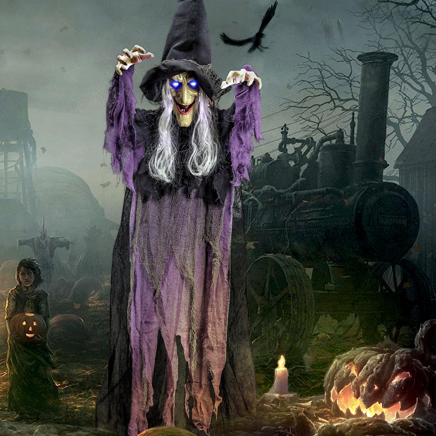 JOYIN 72” Halloween Hanging Witch Decorations Outdoor, Flying Talking Ghost Decor Light Up Eyes Sound Activated, Outside Indoor Haunted House Prop for Lawn Yard Garden, Purple