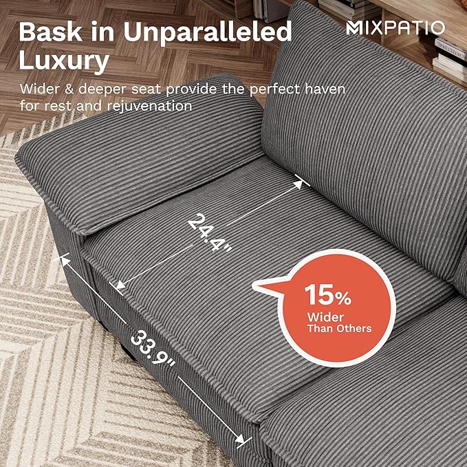 MIXPATIO 157.5" Cloud Modular Sectional Sofa, 4-Seater w/Deep Seat & Removable Arms, Plush Corduroy for Living Room - Gray
