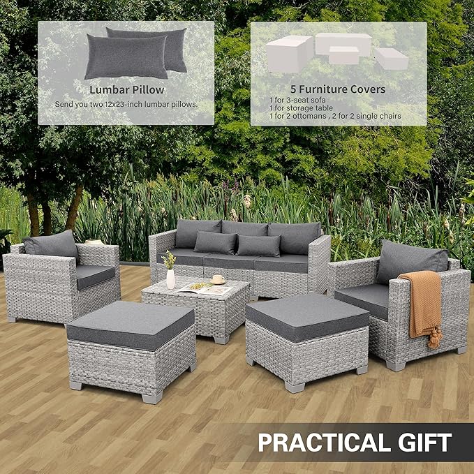 WAROOM Patio Furniture Set 6 Piece Outdoor Patio Set Grey Wicker Balcony Furniture Conversation Sets PE Rattan Couch Sofa with Coffee Table, Grey Cushion