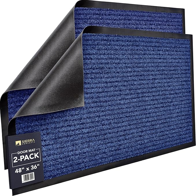 Sierra Concepts Front Door Mat X-Large Welcome Floor Mats - Entryway Indoor Outdoor Entrance Doormat, Patio, Porch, Muddy Dog Shoe, Inside Outside Low Profile 48x36in, 2-Pack Blue