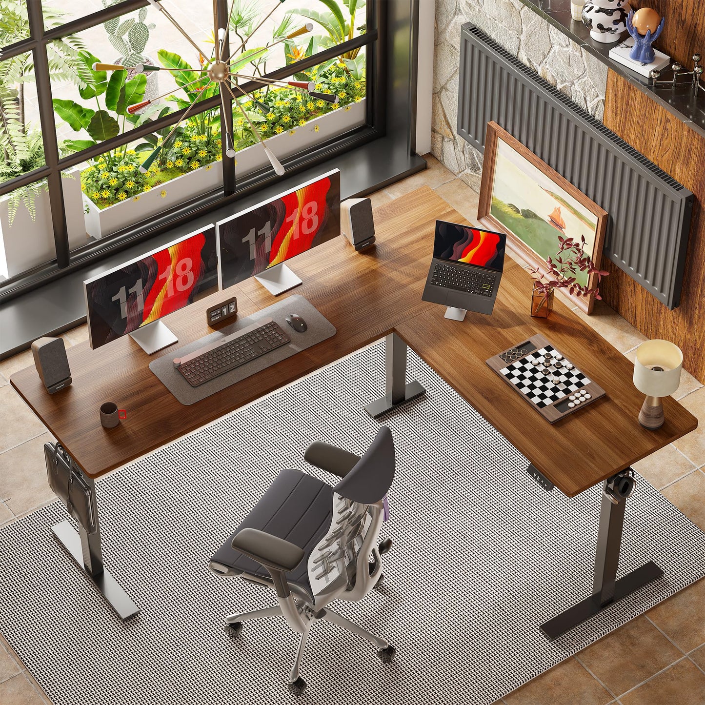 TIQLAB 75 x 61 inch L Shaped Standing Desk Adjustable Height, Electric Corner Standing Desk, Sit Stand Computer Table with Splice Board, Black Walnut