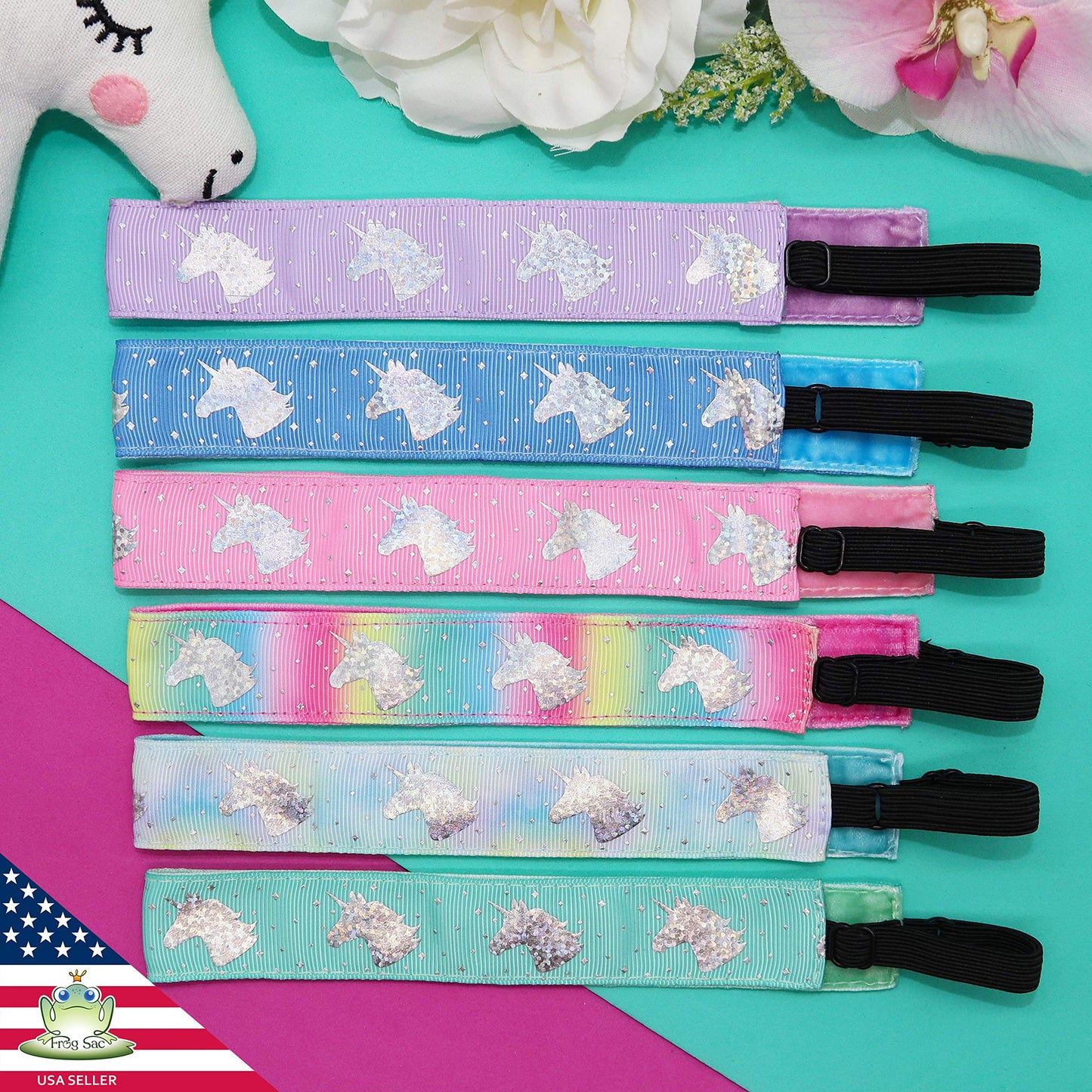 FROG SAC 6 Unicorn Headbands for Girls, Adjustable No Slip Glitter Hair Bands for Kids, Cute Little Girl Sports Head Bands, Sparkly Soccer Gymnastics Headband, Sparkle Hair Accessories