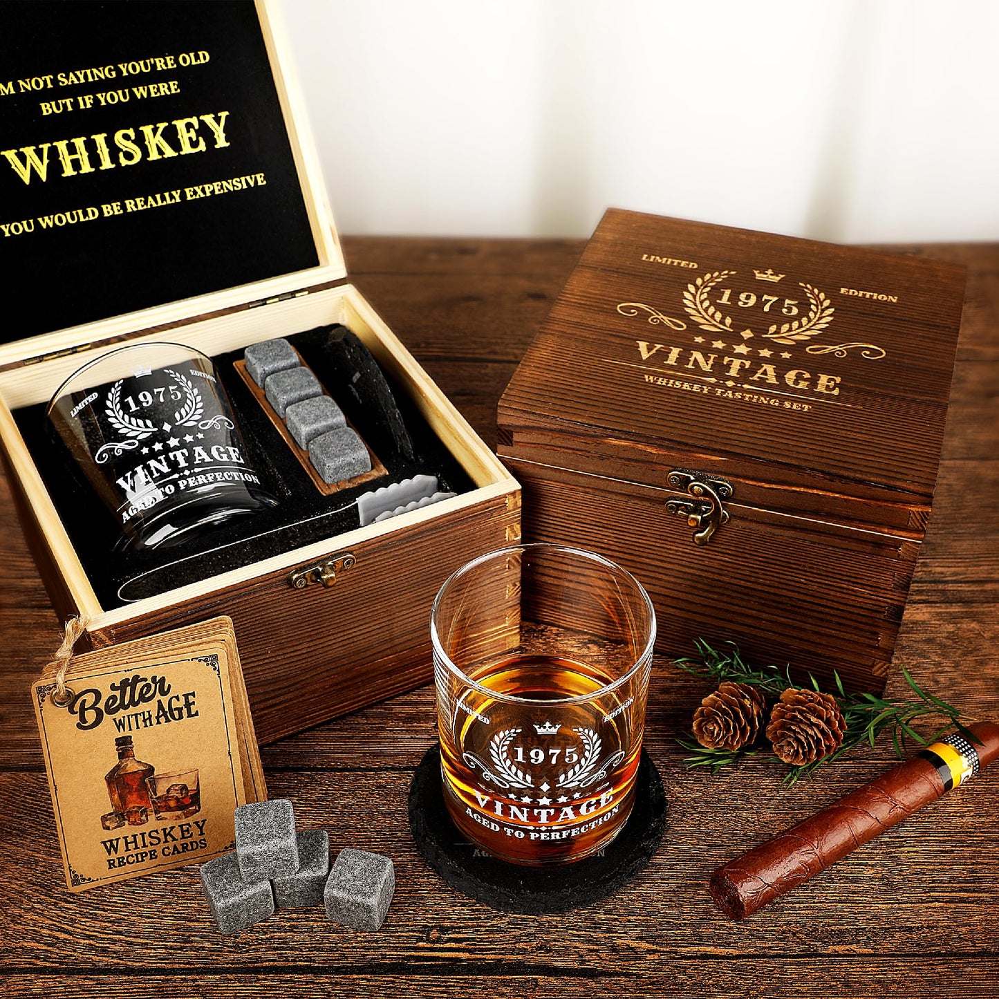 Pagather 50th Birthday Gifts for Men - Vintage 1975 Whiskey Glass Set, 50 Years Old Anniversary Ideas for Him, Dad, Husband, Include Wood Box, Recipe, Stones, Coaster, Stone Holder, Clamp