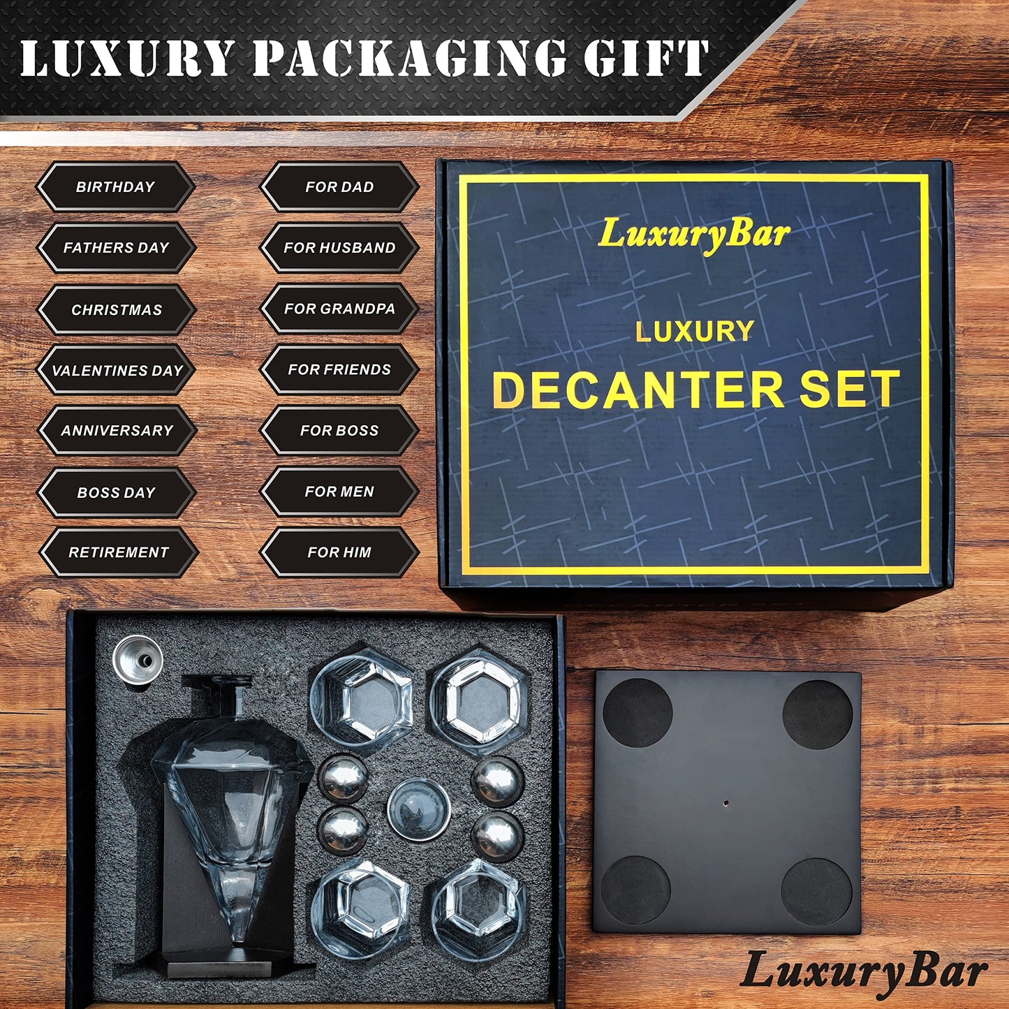 LuxuryBar Diamond Whiskey Decanter Sets for Men with ChillBall &Tray, 26oz Whiskey Decanter Set Liquor Dispenser Bourbon Decanter Whiskey Set Gifts for Men