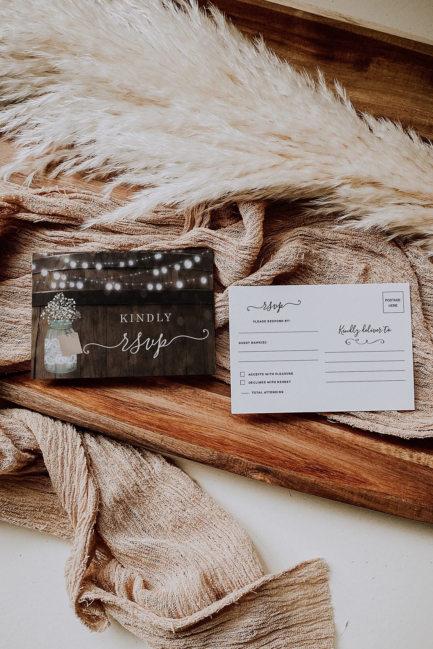 Your Main Event Prints 50 Rustic Mason Jar RSVP Postcards for Wedding, Response Cards, Reply Cards Perfect for Bridal Shower, Rehearsal Dinner, Engagement Party, Baby Shower