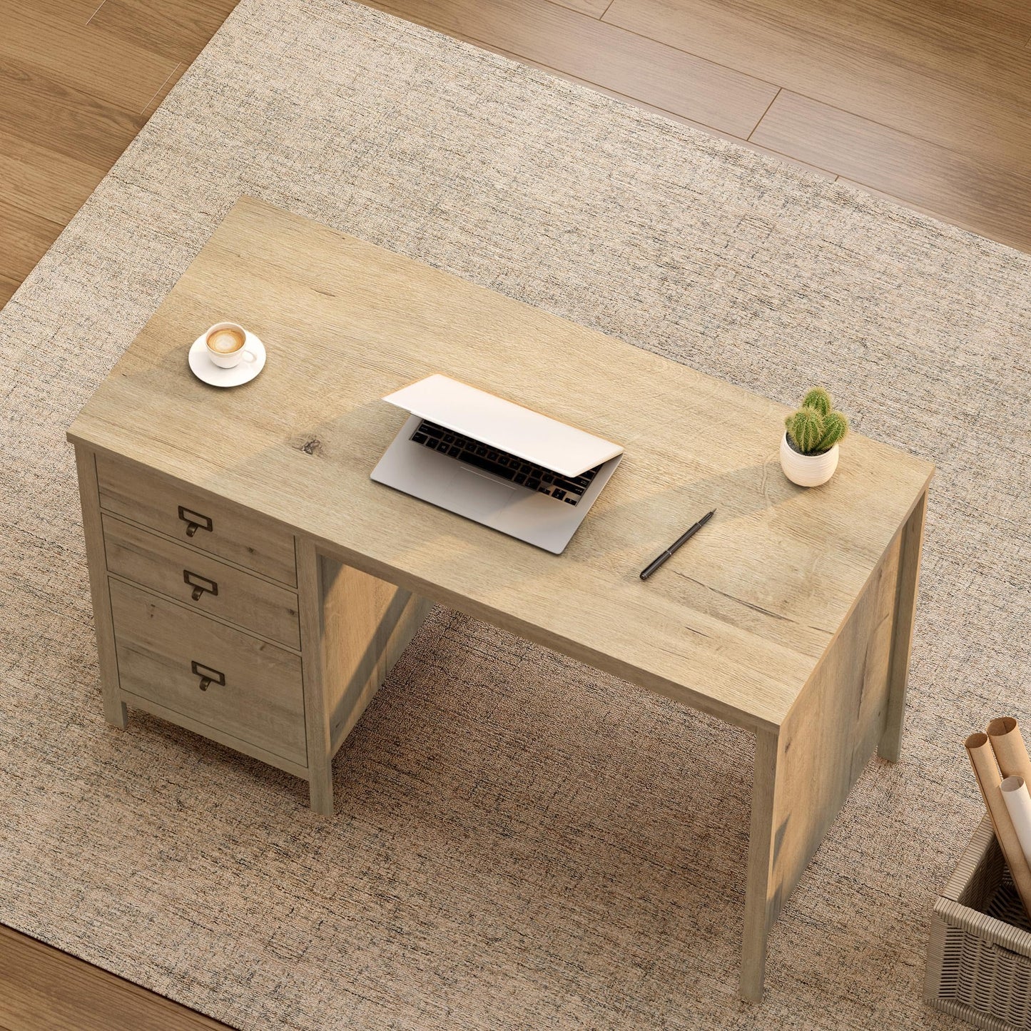 MoomJiee 47" Executive Desk with File Drawer, Farmhouse Wood Home Office Desk with Storage Drawer Computer Writing Desk for Study Office, Light Oak