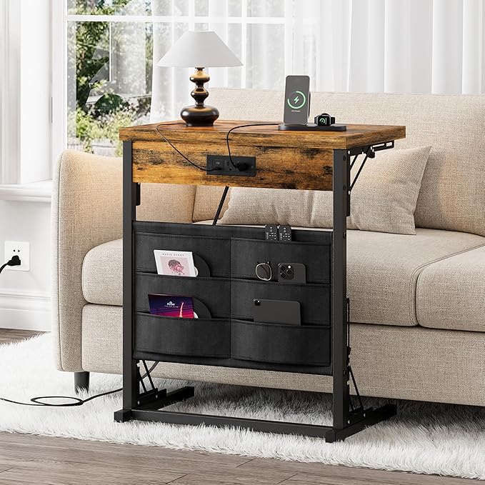 YAUKTAK Foldable C-Shaped Table with Charging Station, Folding TV Tray End Table for Small Space, Portable Side Table for Couch, C Table with Storage Bag for Sofa Living Room, Bedroom Rustic Brown