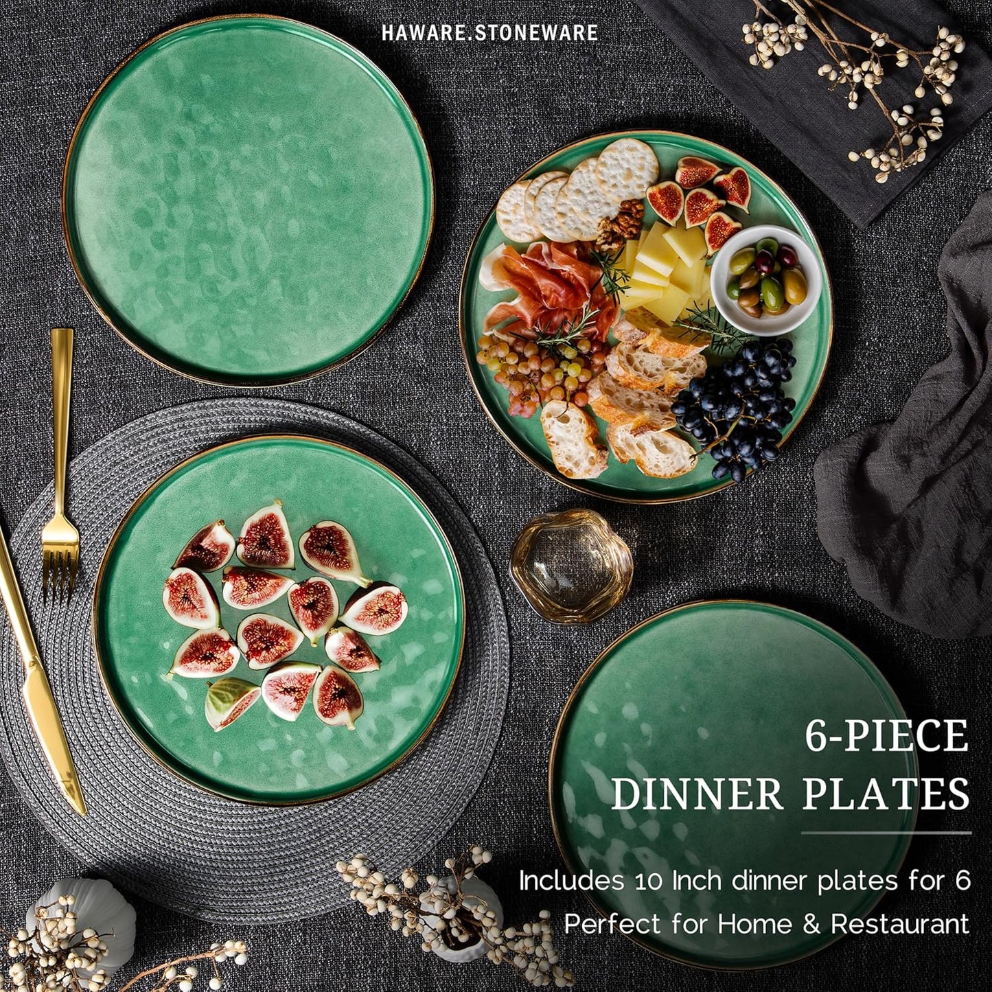 HaWare Stoneware Dinner Plates Set of 6, 10" Heavy Duty Ceramic Plate, Reactive Glaze Ripple Dinnerware for Home Restaurant, Chip and Scratch Resistant, Microwave and Dishwasher Safe, Reactive Green