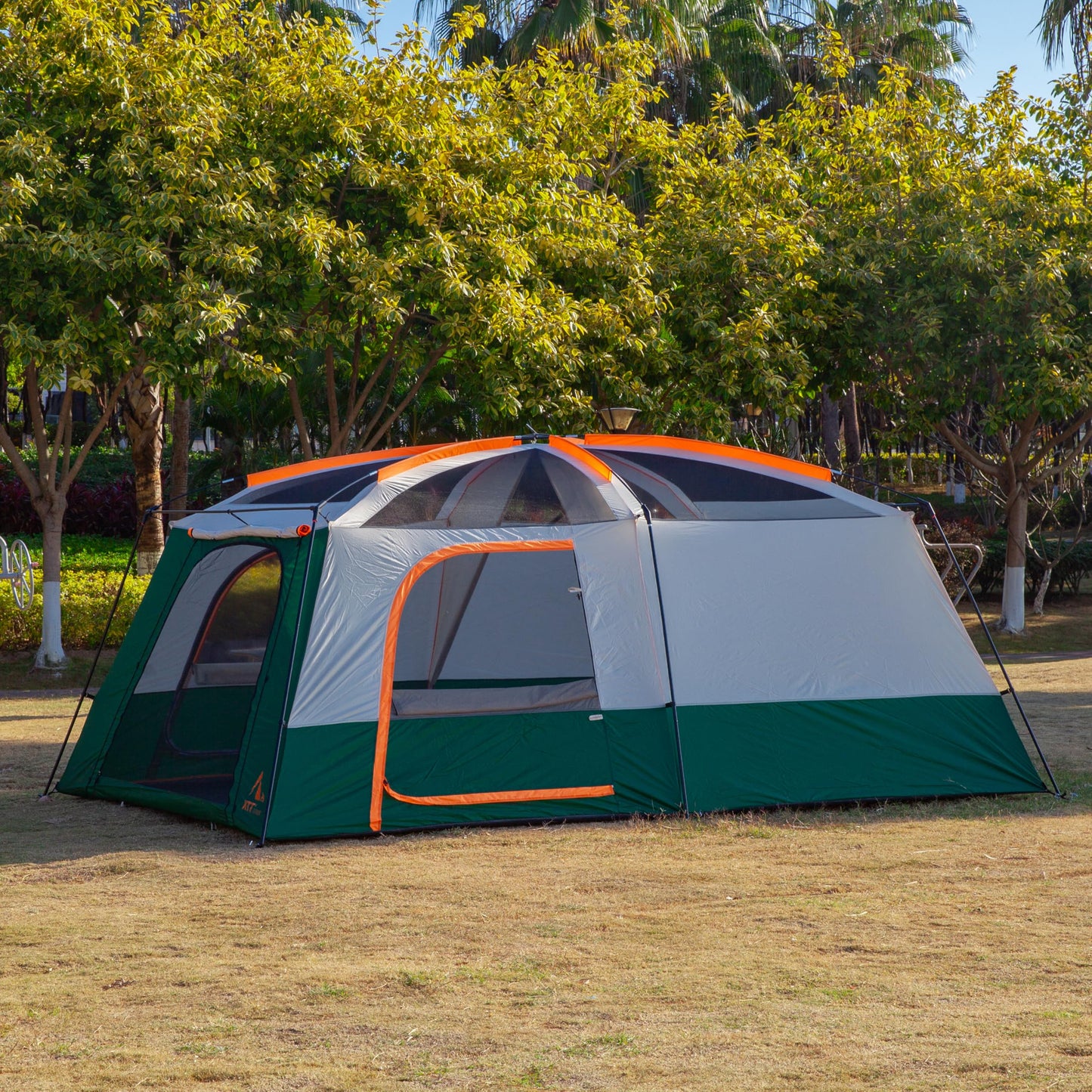 KTT Extra Large Tent 14 Person,Family Cabin Tents,2 Rooms,3 Doors and 3 Windows with Mesh,Straight Wall,Waterproof,Double Layer,Big Tent for Outdoor,Picnic,Camping,Family Gathering(Green)