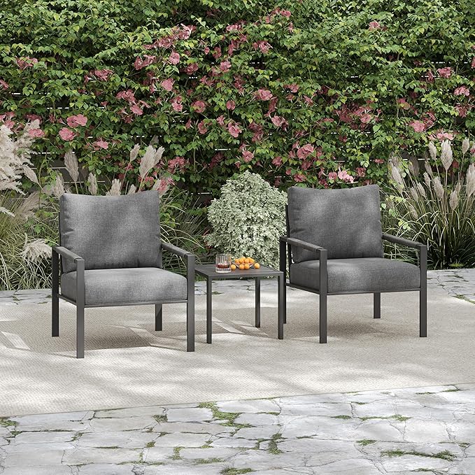 PATIOCHIC 3 Pieces Rattan Outdoor Furniture Set, All-Weather Patio Conversation Set with Dark Grey Cushions and Coffee Table for Garden, Backyard, Balcony, Poolside