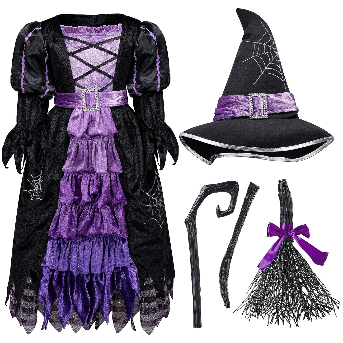 Spooktacular Creations Halloween Fairytale Witch Dress for Kids, Girls Cute Witch Costume Deluxe Set with Broom for Toddler Halloween Role Play Parties, Purple (S 5-7yrs)