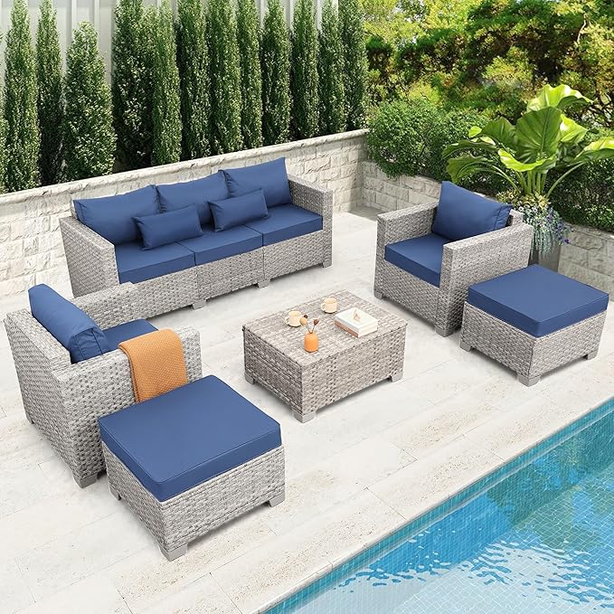 WAROOM Patio Furniture Set 6 Piece Outdoor Patio Set Grey Wicker Balcony Furniture Conversation Sets PE Rattan Couch Sofa with Coffee Table, Blue Cushion