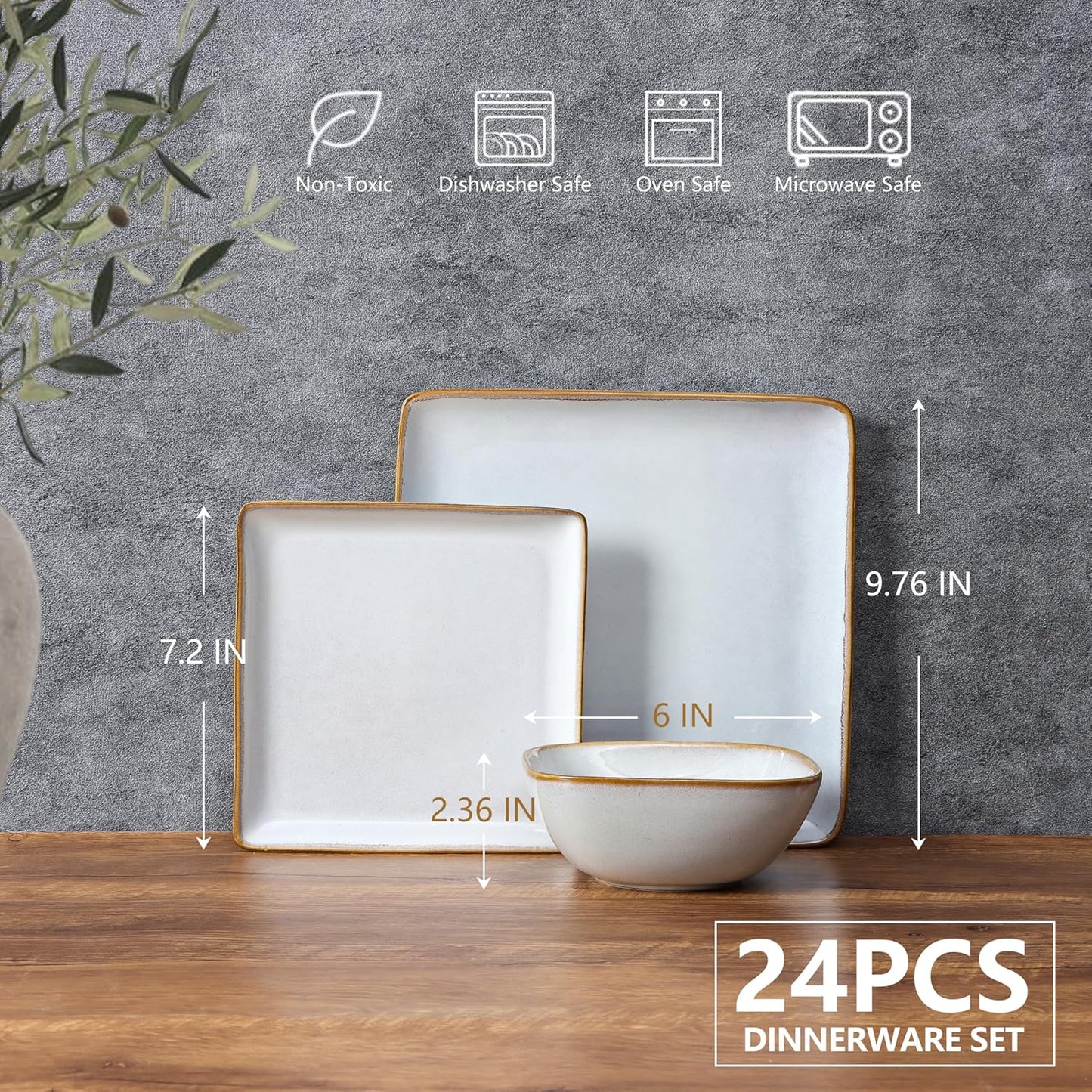 E-far Square Dinnerware Sets for 8, 24-Piece Stoneware Plates and Bowls Dishes Set, Reactive Glaze Porcelain Dishware Sets, Chip & Scratch Resistant, Microwave & Dishwasher Safe, Seashell White