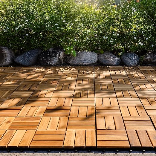 VICTORY RELAX Acacia Wood Decking Tiles 27PCS - Easy Snap Interlocking Deck Tiles for Patio Poolside Balcony Decor - All Weather Waterproof Flooring for Indoor & Outdoor (Round Joints)