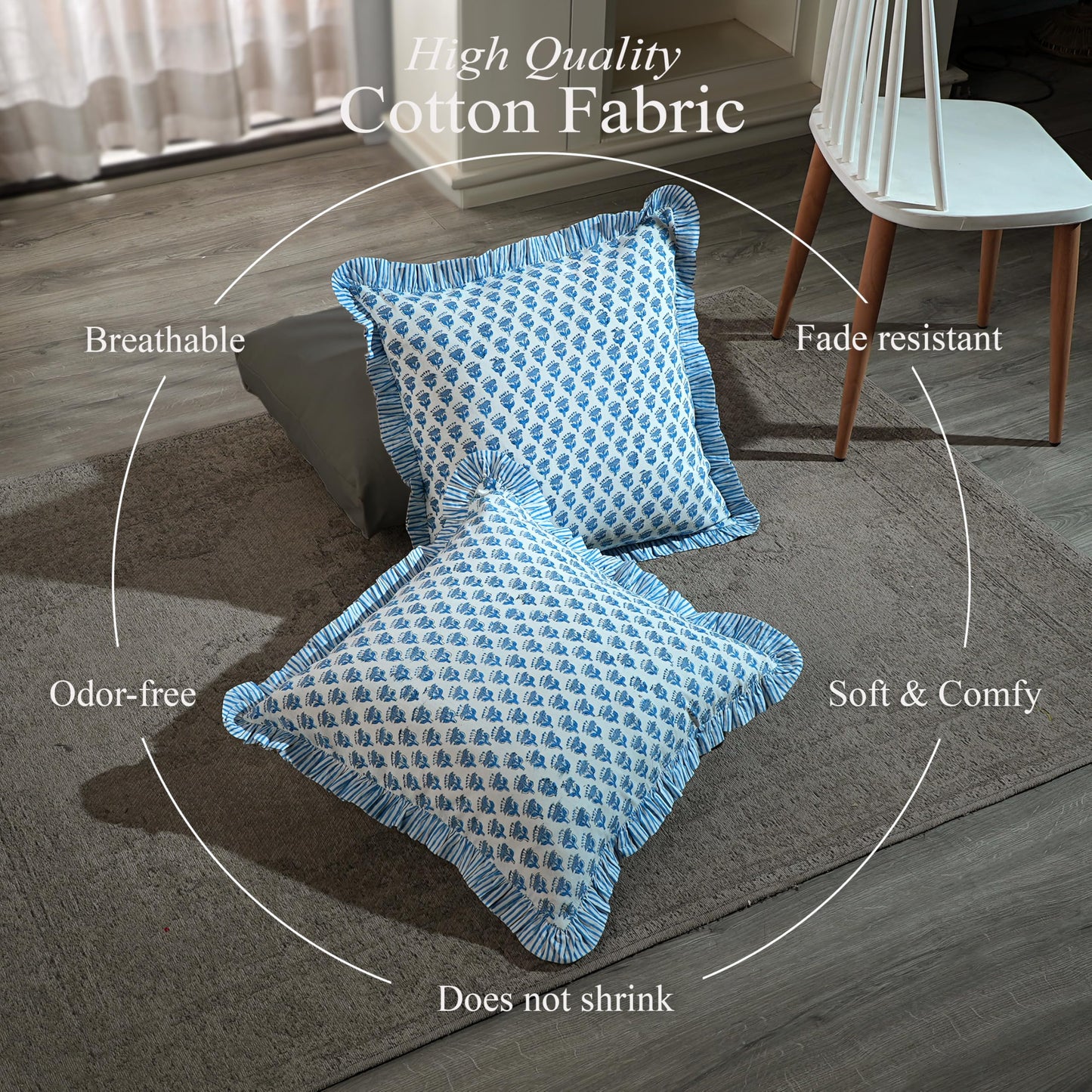 CPC Apatite Blue Ruffle Throw Pillow Covers for Couch, 18x18 Inch Cotton Stripe Ruffle Couch Pillows for Living Room, Hidden 14 Inch Zipper Boho Pillow Case or Cute Outdoor Pillows