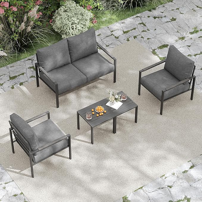 PATIOCHIC 5 Pieces Rattan Outdoor Furniture Set, All-Weather Patio Conversation Set with Dark Grey Cushions and Coffee Tables for Garden, Backyard, Balcony, Poolside