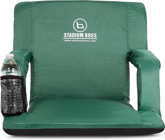 Stadium Boss Recliner Stadium Seat for Bleachers, Benches, Lawns, Backyard, Camping & Beach – Padded Sport Chair, Cushion Backs & Armrest – 6 Reclining Positions – Portable Carry Straps – Dark Green
