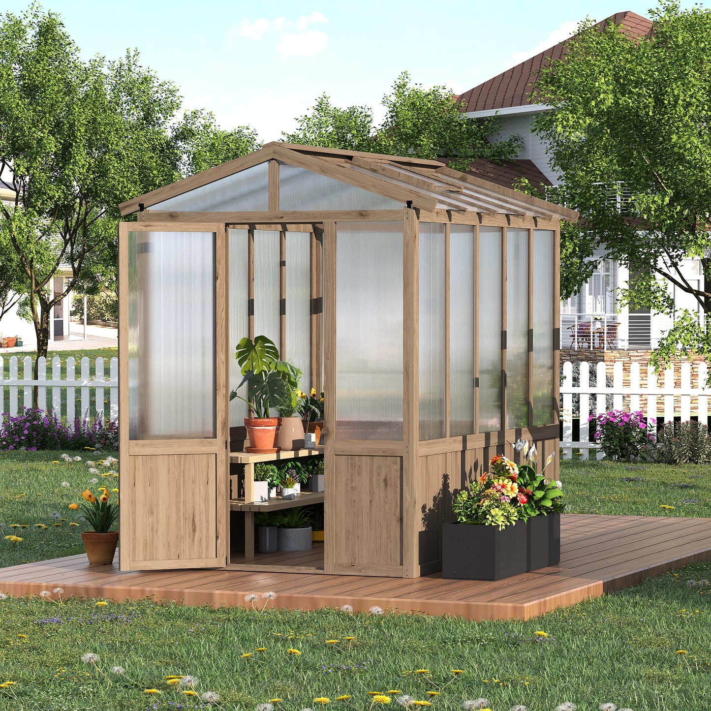 GarveeLife 6x8FT Wooden Greenhouses for Outdoors, Wooden Walk-in Green House with Cedar Frame, Greenhouse Kit with 6MM Thick Polycarbonate Panel