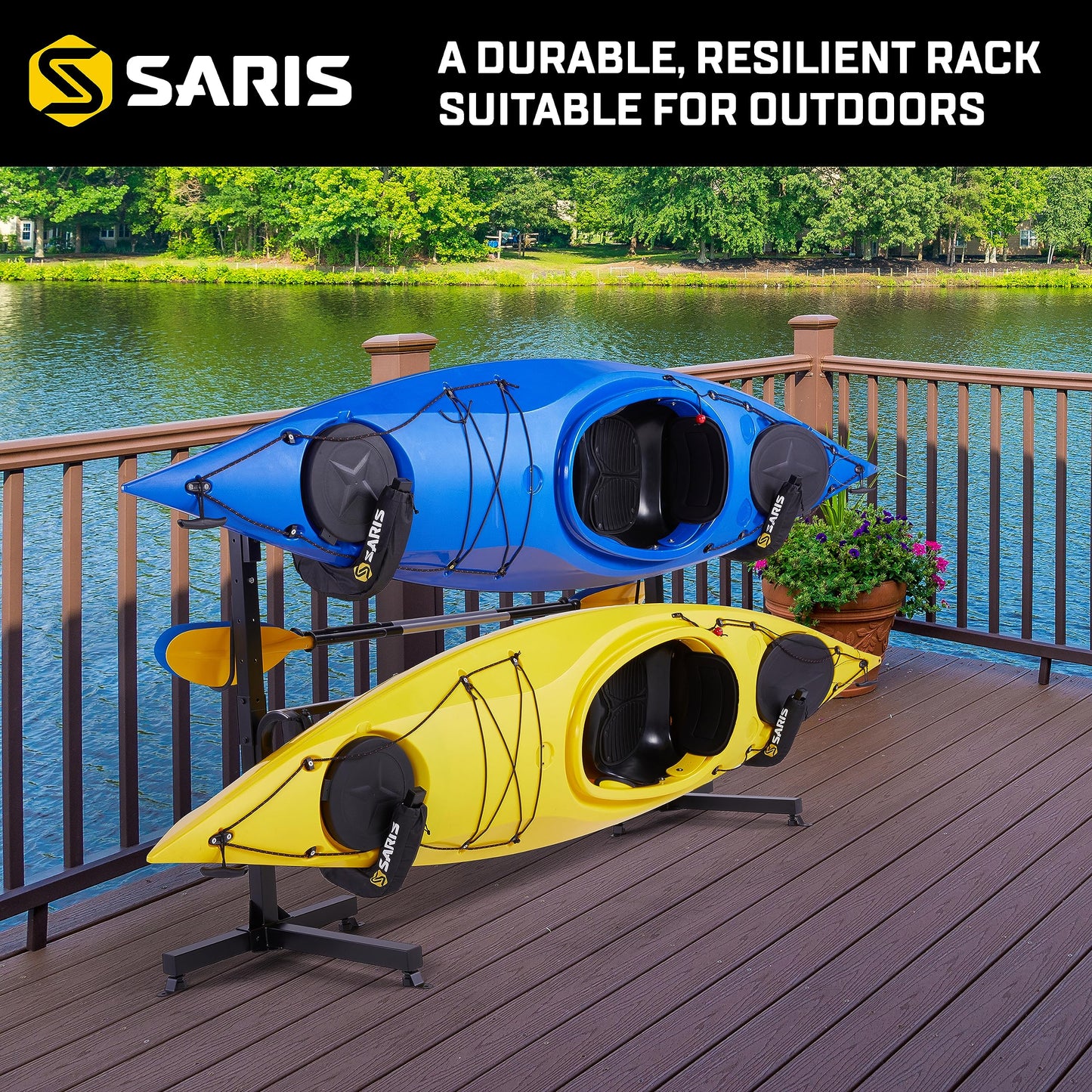 Saris Kayak Storage Rack, Heavy Duty Freestanding Storage for Two-Kayak, SUP, Canoe & Paddleboard for Indoor, Outdoor, Garage, Shed, or Dock, Adjustable Levels