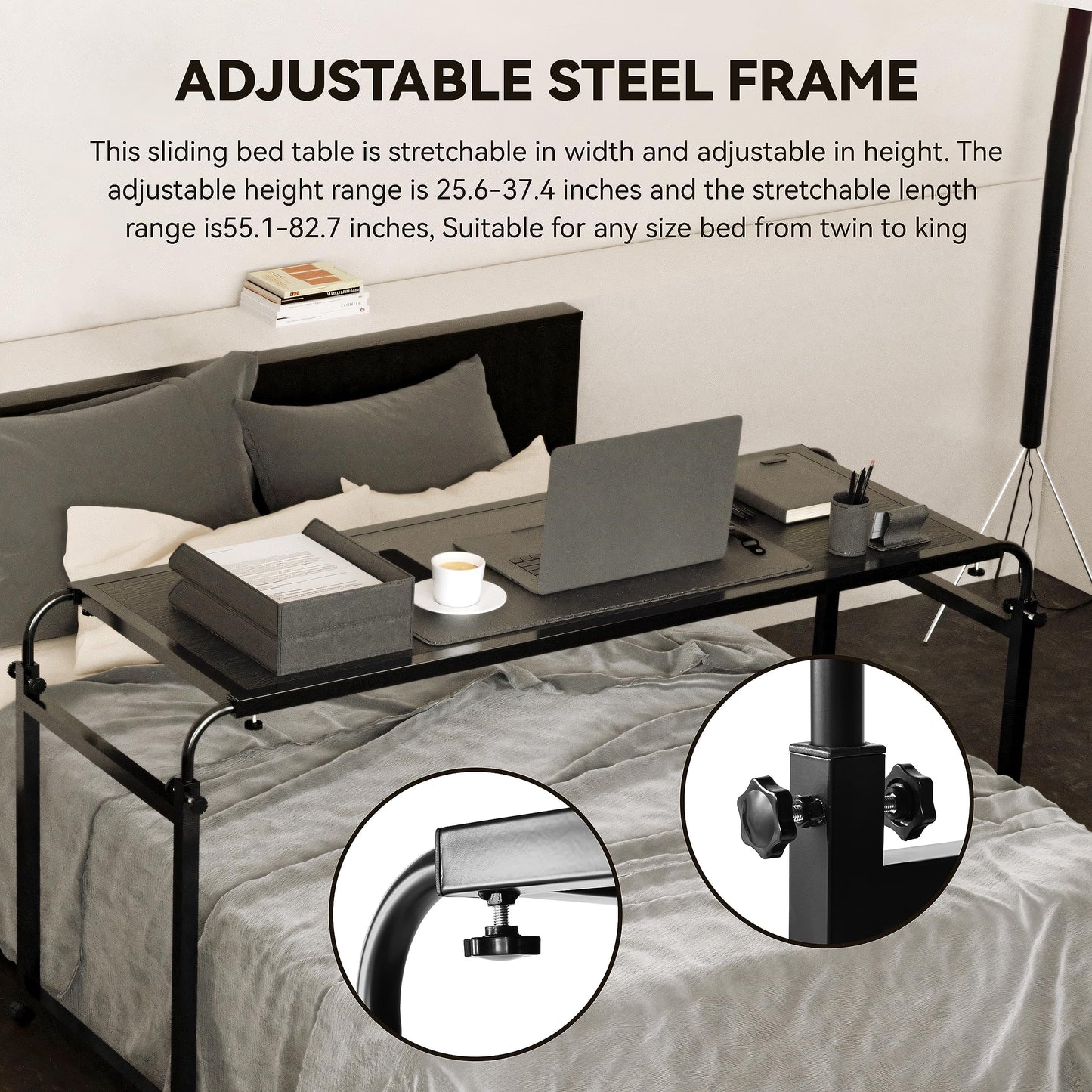 Elevon Over Bed Table with 360° Swivel Wheels & Adjustable Height, Queen Size Mobile Laptop Desk for Bed, Heavy Duty Metal Frame, Multipurpose Desk for Bed/Sofa Use (Black)