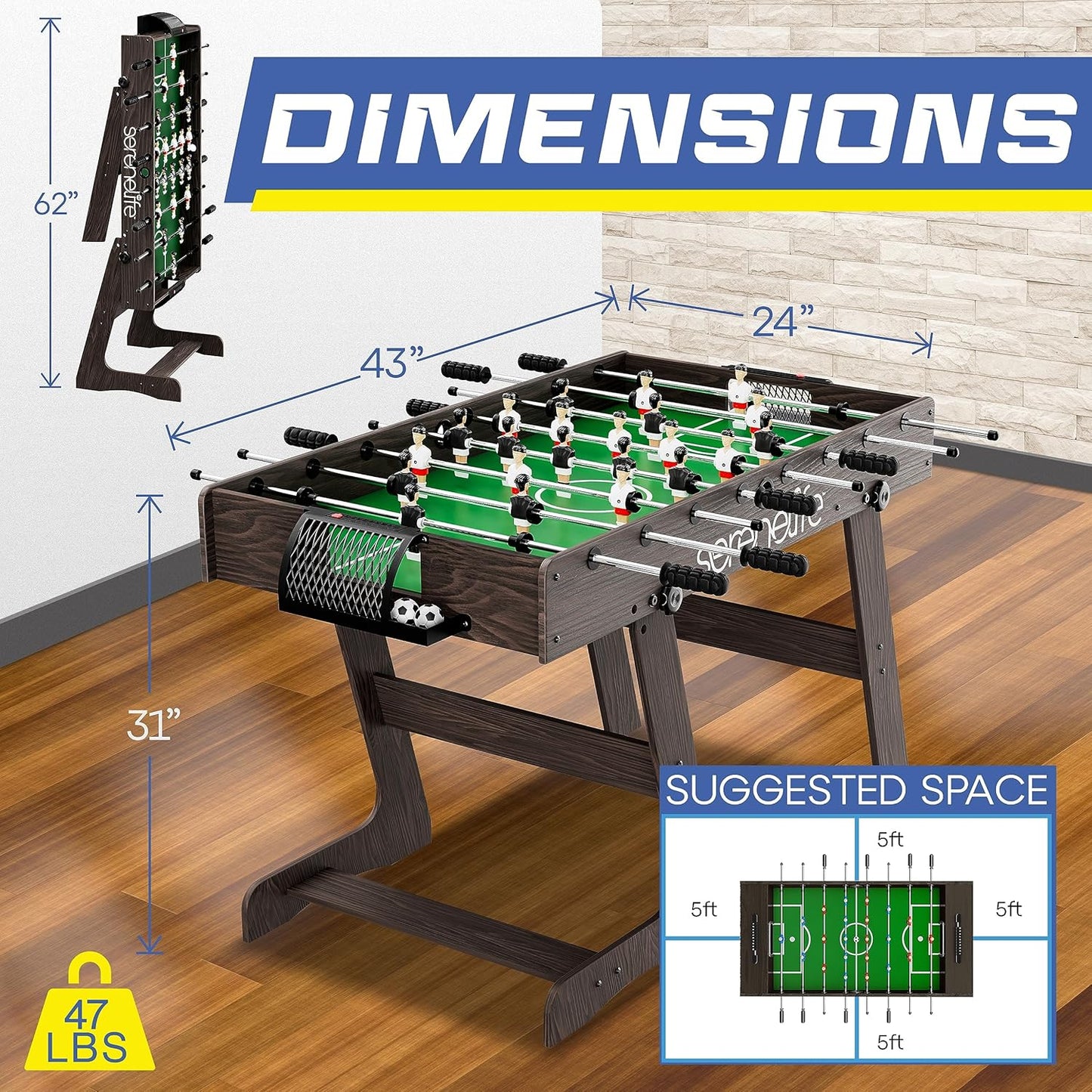 SereneLife Folding Foosball Table, 4’ x 2’ Full Competition Size Foldable Space Saving Table Soccer for Home, Arcade Game Room, for Indoor or Outdoor, Family Game Night, Perfect for Kids and Adults
