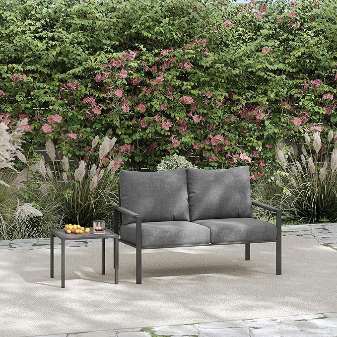 PATIOCHIC 2 Pieces Rattan Outdoor Furniture Set, All-Weather Patio Loveseat with Dark Grey Cushions and Coffee Table for Garden, Backyard, Balcony, Poolside