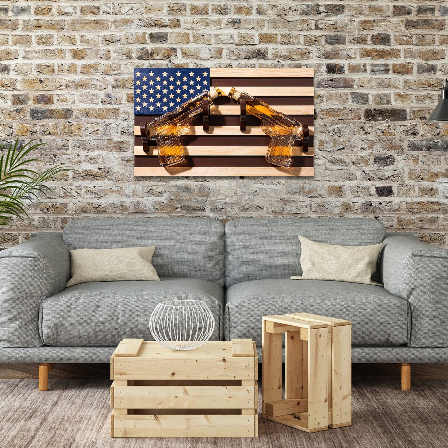 Pistol Whiskey Decanter Set of 2 300ml On American Flag Wall Rack by The Wine Savant - Tik Tok Gun Decanter, Veteran & Military Gifts, Home Bar & Law Enforcement Gifts