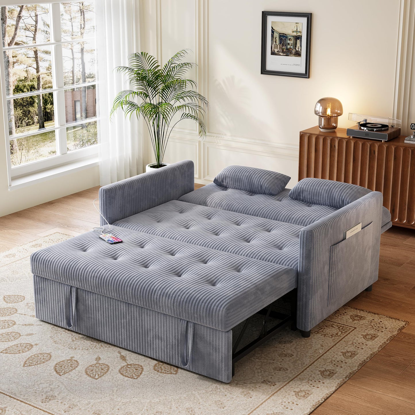 UXENAFANA Sofa Bed, Loveseat 3-in-1 Sleeper Sofa with Pull Out Bed, Pockets and USB, Modern 2 Seater Convertible Small Couch for Living Room Bedroom Apartment (Gray, Corduroy)