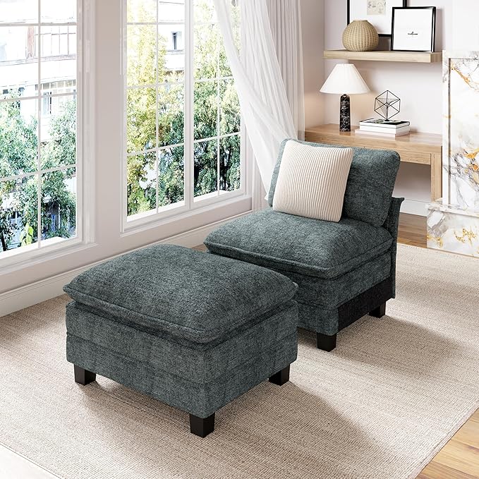 PHI VILLA Oversized Single Armless Sofa with Ottoman, Upholstered Chaise Lounge Chairs, Indoor Cloud Reading Chair with Deep Seat for Small Spaces, Chenille Fabric, Teal