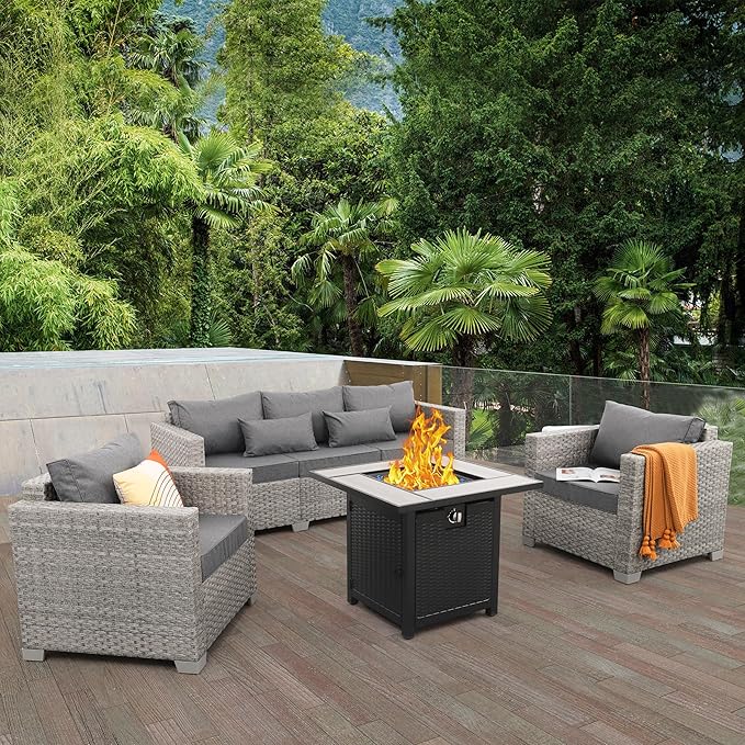 WAROOM Patio Furniture Set 4 Piece Wicker Conversation Sets PE Rattan Chair Outdoor Couch Sectional Sofa with 30" Fire Pit Table, Grey Cushion