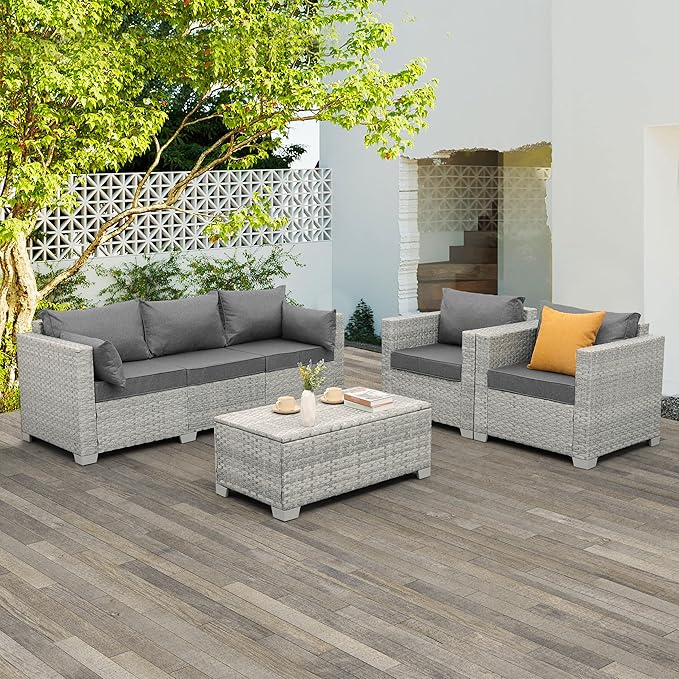 WAROOM Patio Furniture Set 4 Piece Wicker Conversation Sets PE Rattan Chair Outdoor Couch Sectional Sofa with Storage Table, Grey Cushion