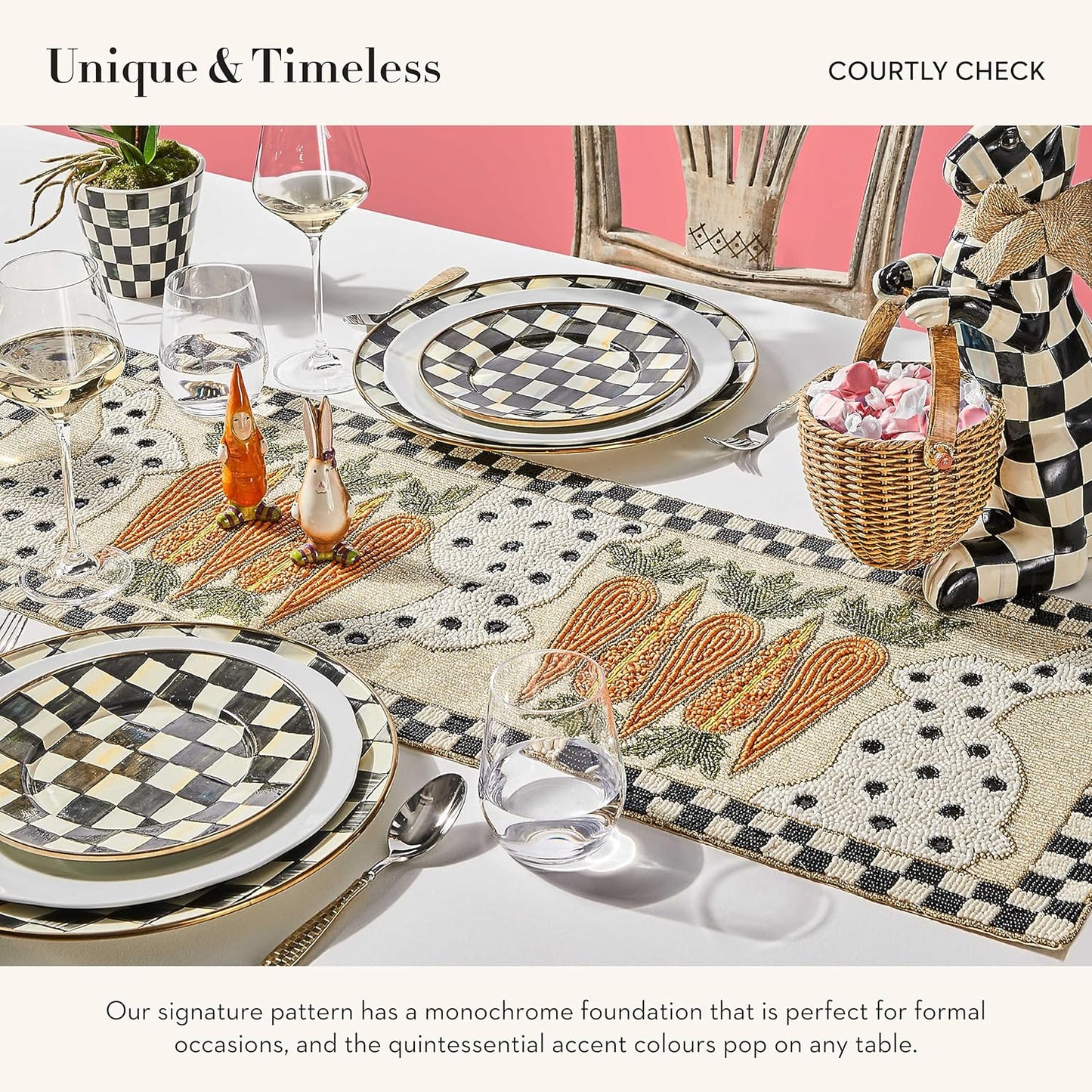 MACKENZIE-CHILDS Enamel Dinner Plate, Decorative Dinnerware Plate, 10 Inches, Set of 1, Black-and-White Courtly Check