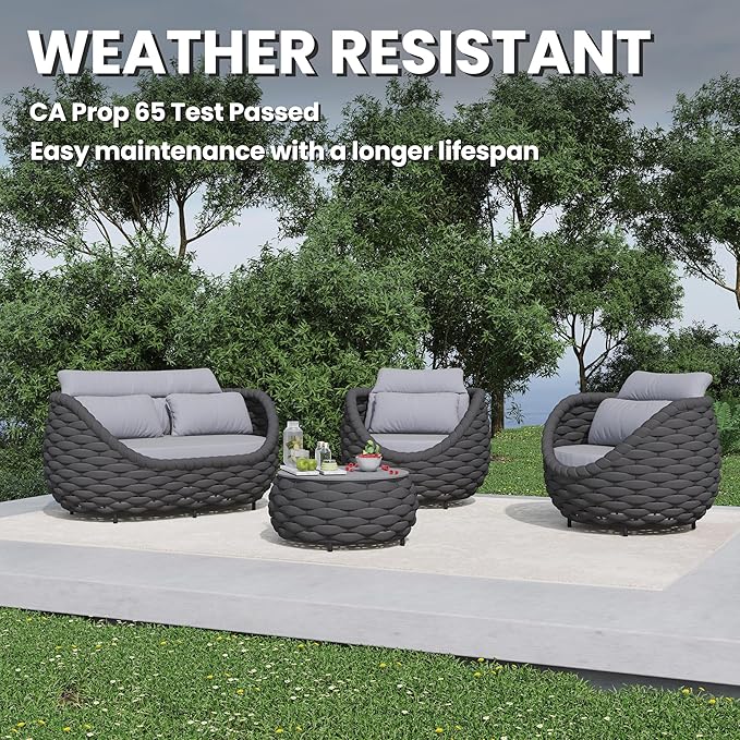 Erotr Aluminum Porch Outdoor Furniture Set: 6 Pieces Rope Patio Conversation Sofa Set - Modern Woven Deck Couch Set Cushioned - No Assembly All Weather Seating for 660lbs Yard Garden Lanai Hotel Pool