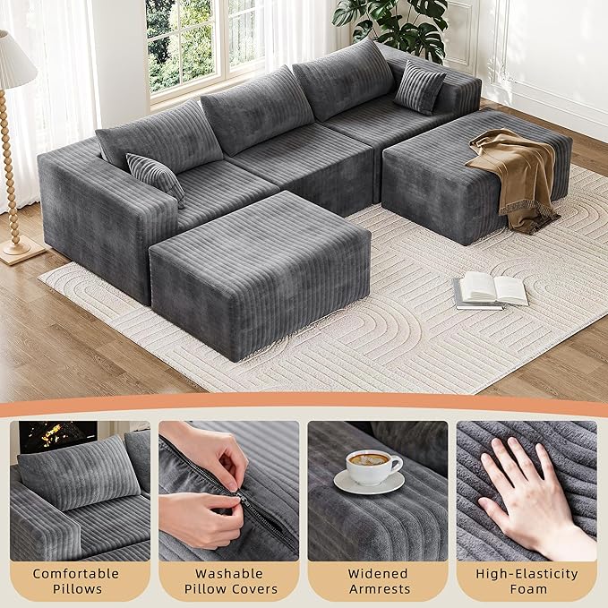 CABZOON 110" Cloud Couch Sectional for Living Room U-Shape Boneless Couches Modular Sectional Sofa with Deep Seat with Chaise,No Assembly Required, Carbon Gray(Plush Corduroy Fabric)